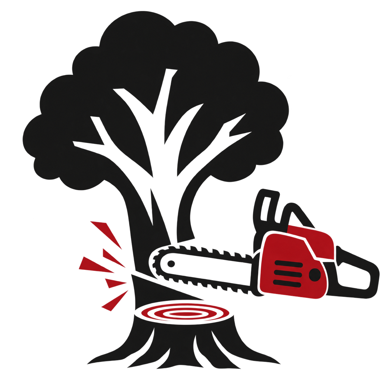 Tree removal service illustration with a chainsaw cutting a tree