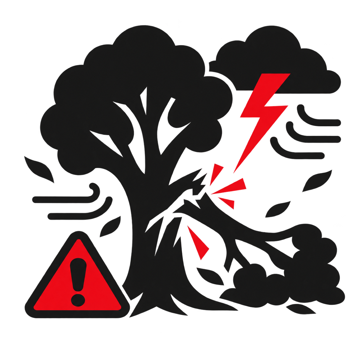 Emergency storm tree service illustration with a damaged tree and warning sign